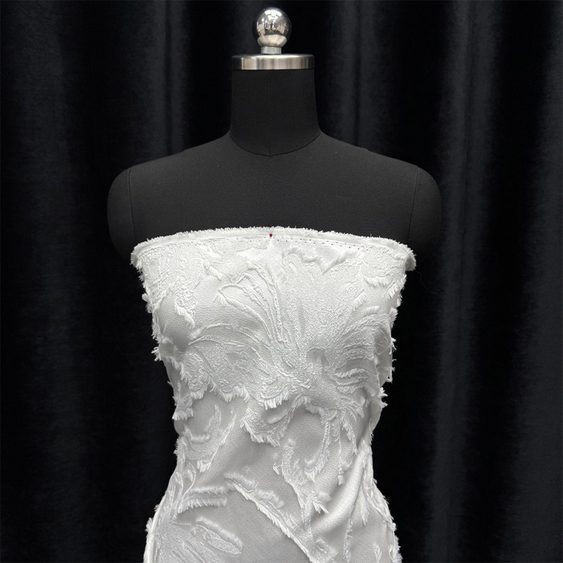 GCW-55011 Ivory Fringed 3D Textured Floral Jacquard Satin Fabric | 143cm Width